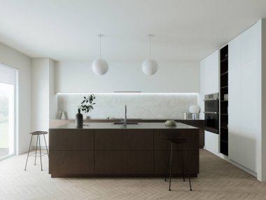 Bu modern mutfak şık, merkezi bir ada, minimalist dekor elementleri ve zarif atmosferik aydınlatma sergiliyor. 3B Hazırlama