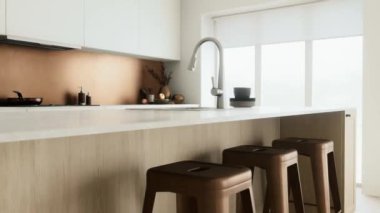 Bu şık, modern mutfak vitrinleri bar tabureleri ve sıcak, cezbedici bir aydınlatma ambiyansı ile tamamlanmış şık bir tasarım sergiliyor. 3 Boyutlu Canlandırma