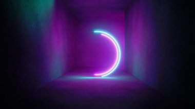 Parlak bir neon ışığı parıl parıl parlayan karanlığa sarılmış gizemli bir koridoru aydınlatır. 3 Boyutlu Canlandırma