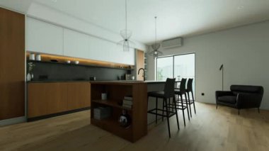 Zarif ahşap aksanlar, gösterişli aletler ve geniş bir açık mekan sergileyen şık ve modern bir mutfak. 3B Canlandırma