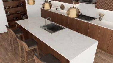 Bu şık ve modern mutfak güzel ahşap dolaplar, münasip ada koltukları ve davetkar sıcak aydınlatmalara sahiptir. 3d canlandırma
