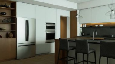 Zarif ahşap aksanlar, gösterişli aletler ve geniş bir açık mekan sergileyen şık ve modern bir mutfak. 3B Canlandırma