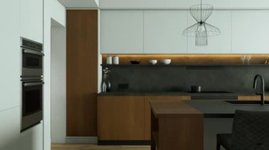 Zarif ahşap aksanlar, gösterişli aletler ve geniş bir açık mekan sergileyen şık ve modern bir mutfak. 3B Canlandırma