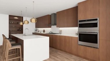 Bu şık ve modern mutfak güzel ahşap dolaplar, münasip ada koltukları ve davetkar sıcak aydınlatmalara sahiptir. 3d canlandırma