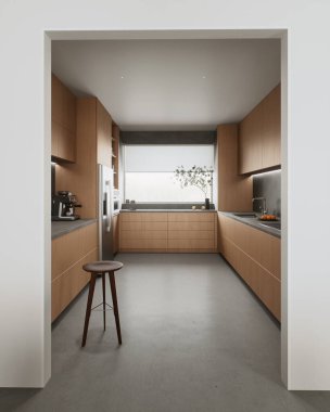 Çağdaş mutfakta güzel ahşap dolaplar, zarif taş tezgahlar ve modern stil aydınlatmalar yer almaktadır. 3B Hazırlama