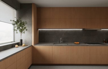 Çağdaş mutfakta güzel ahşap dolaplar, zarif taş tezgahlar ve modern stil aydınlatmalar yer almaktadır. 3B Hazırlama