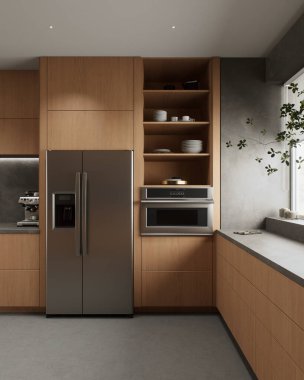 Çağdaş mutfakta güzel ahşap dolaplar, zarif taş tezgahlar ve modern stil aydınlatmalar yer almaktadır. 3B Hazırlama