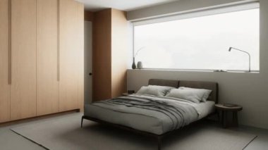 Bu gösterişli, modern bir yatak odası tasarımı rahat bir yatak odası, minimal dekor ve bol miktarda doğal ışık içeriyor. 3 Boyutlu Canlandırma