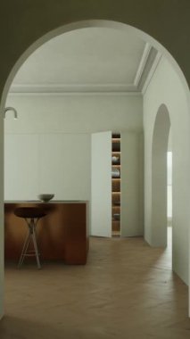 Çok geniş bir adanın yanı sıra minimalist bir tasarımla şık bar taburelerinin yer aldığı şık ve modern bir mutfak. 3 Boyutlu Canlandırma