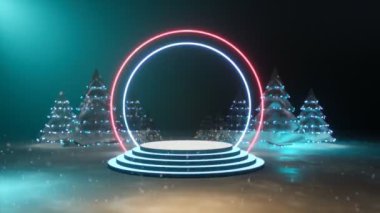 Neon ışıkları ve renkli ağaçlarla modern bir Noel sahnesi, bayram kutlamaları için mükemmel.