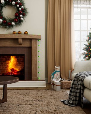 Sıcak oturma odasında güzel bir şömine, muhteşem bir Noel ağacı ve canlı dekorasyonlar var.