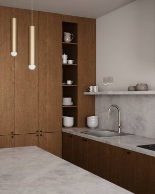 Zarif ahşap dolaplarla süslü mermer aksanları olan şık ve modern bir mutfak.