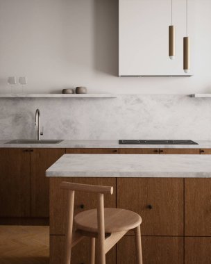 Bu minimalist mutfak zarif kabinler ve mermer yüzeyler içeriyor, sofistike bir ortam yaratıyor. 3d hazırlayıcı