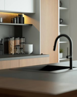 Bu modern mutfak şık dolapları ve birinci sınıf aletleri olan gösterişli bir minimalist tasarıma sahip.