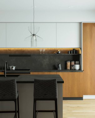 Bu şık ve modern mutfak modern tasarım elementleriyle birlikte zarif malzemeler sergiliyor.