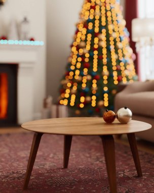 Bu büyüleyici oturma odasında güzel dekore edilmiş bir Noel ağacı ve sıcak ve şenlikli dekorasyonlar sergileniyor.