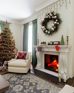 Süslü bir ağaç ve şömineyle süslenmiş sıcak, davetkar ve şenlikli bir Noel salonu.