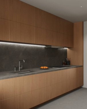 Çağdaş mutfakta güzel ahşap dolaplar, zarif taş tezgahlar ve modern stil aydınlatmalar yer almaktadır. 3B Hazırlama