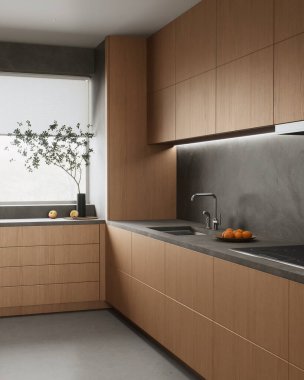 Çağdaş mutfakta güzel ahşap dolaplar, zarif taş tezgahlar ve modern stil aydınlatmalar yer almaktadır. 3B Hazırlama