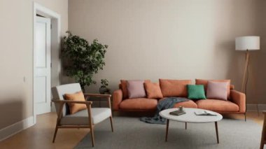 Burası canlı turuncu bir kanepe, dekoratif yastıklar ve şık bir ışıklandırmayla modern bir oturma odası. 3d canlandırma