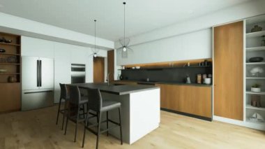 Zarif ahşap aksanlar, gösterişli aletler ve geniş bir açık mekan sergileyen şık ve modern bir mutfak. 3B Canlandırma