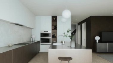 Bu modern mutfak şık, merkezi bir ada, minimalist dekor elementleri ve zarif atmosferik aydınlatma sergiliyor. 3 Boyutlu Canlandırma