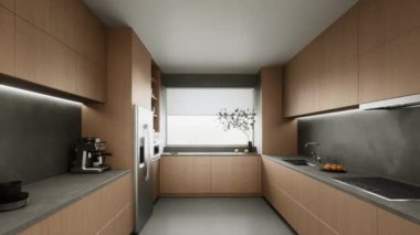Çağdaş mutfakta güzel ahşap dolaplar, zarif taş tezgahlar ve modern stil aydınlatmalar yer almaktadır. 3 Boyutlu Canlandırma