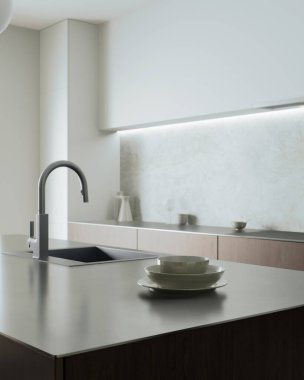 Bu modern mutfak zarif sonları ve olağanüstü işlevselliği olan minimalist bir tasarım sergiliyor.