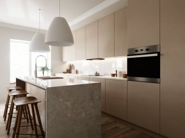 Bu şık mutfak tasarımı, şaşaalı bir mermer ada süsüsüyle birleştirilmiş gösterişli dolaplar sergiliyor. 3d hazırlayıcı