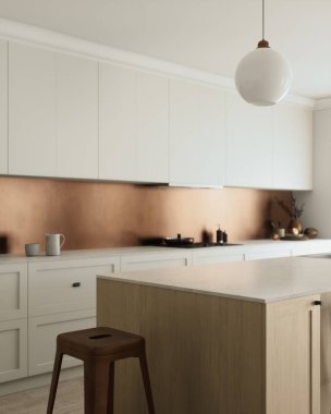 Zarif beyaz dolabı olan modern bir mutfak ve çarpıcı bir bakır kaplama, güzel bir estetik yaratıyor.