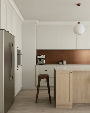 Bu şık ve modern mutfak şık bakır aksanlarıyla tamamlanmış çarpıcı bir minimalist tasarım içeriyor.