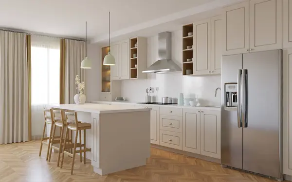 Şeftali mutfağının içi adayla kaplı. Beyaz tezgahlı şık bir mutfak. Mutfak mutfak, mutfak gereçleri ve aletlerle dolu. Mutfağın çalışma alanı. 3 Boyutlu Hazırlama