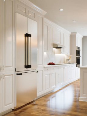 Long Island 'lı geleneksel beyaz mutfak ve ahşap döşemeli ahşap sandalyeler. Büyük avizeleri ve mutfak aletleri olan klasik mutfak. 3d oluşturma