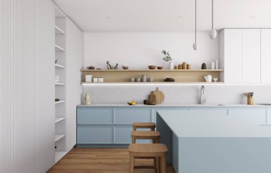 Bu şık mutfak kullanılabilirliği ve güzelliği arttıran yumuşak renkler ve fonksiyonel tasarım öğeleri barındırıyor.