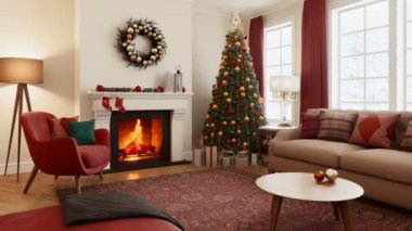 Bayram için süslenmiş rahat bir oturma odası neşeli bir Noel ağacı ve güzel bir şömineyle. 3d canlandırma