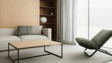 Parlak ve minimalist oturma odası tasarımı, doğal ışıkla dolu ve modern mobilya stillerini sergiliyor. 3 Boyutlu Canlandırma