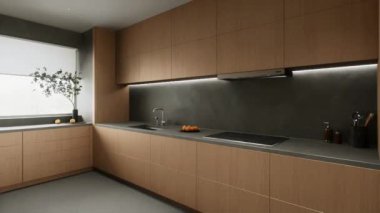 Çağdaş mutfakta güzel ahşap dolaplar, zarif taş tezgahlar ve modern stil aydınlatmalar yer almaktadır. 3 Boyutlu Canlandırma
