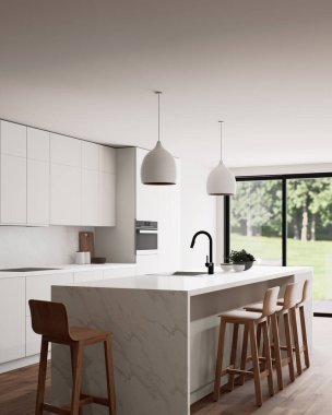 Bu mutfak parlak ve çağdaş bir tasarım sergiliyor. Açık bir düzen ve güzel dekorasyon unsurları var. 3d hazırlayıcı