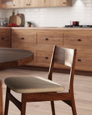 Modern bir mutfağın arka planında hafif kumaş koltuklu zarif ahşap bir sandalyenin 3 boyutlu görüntüsü..