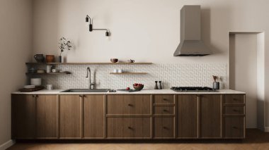 Bu modern mutfak vitrinleri güzel meşe dolapları, parlak açık raflar ve çarpıcı bir geometrik döşeme.