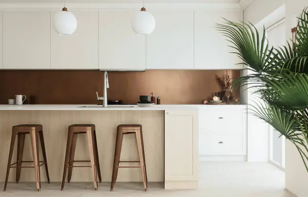 Nefis ahşap tabureler, minimalist tasarım ve sıcak bakır aksanları olan şık bir mutfak.