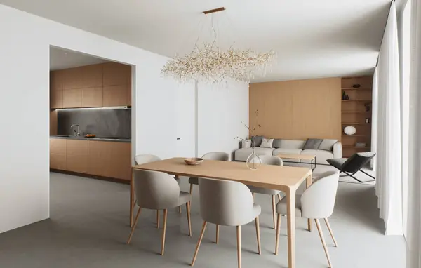 Zarif mobilyaları ve çağdaş ışıklandırmaları olan, güzel tasarlanmış ve zarif bir yemek odası. 3B Hazırlama