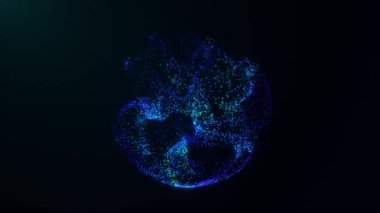 Büyüleyici bir animasyon, karanlık bir arkaplana karşı canlı ışık parçacıklarıyla dolu parlayan bir küre sergiliyor. 3 Boyutlu Canlandırma