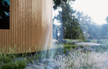 Burası yemyeşil ve sisli ormanların ortasında huzurlu ve huzurlu inzivalar için mükemmel bir çağdaş kamara. 3d hazırlayıcı