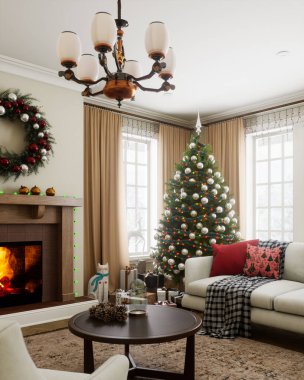 Noel ağacı ve mevsimlik süslemelerle süslenmiş, kutlama için mükemmel bir oturma odası..