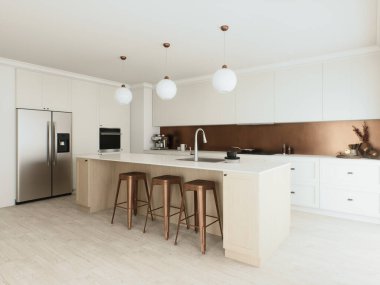 Bu modern mutfak şık bir adaya, şık kolye ışıklarına ve minimalist bir estetiğe sahiptir. 3B Hazırlama