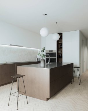 Bu, çağdaş aydınlatma elementleriyle birlikte merkezi bir adaya sahip şık ve minimalist bir mutfak. 3B Hazırlama