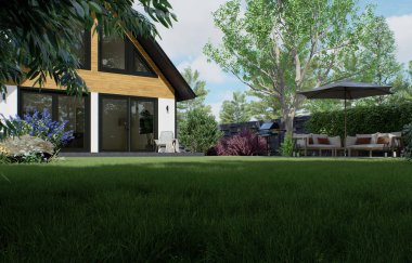 Sıradan beyaz bir ev, güzel bir çatı, iyi bakılmış bir bahçe, çitleri ve ağaçları olan bir bahçe. Basit bir evin dış cephesi. 3d oluşturma