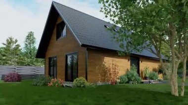 Sıradan ahşap bir ev, gable çatısı, iyi bakılmış bir bahçesi, çitleri ve ağaçları olan bir bahçesi var. Basit bir evin dış cephesi. 3 Boyutlu Canlandırma