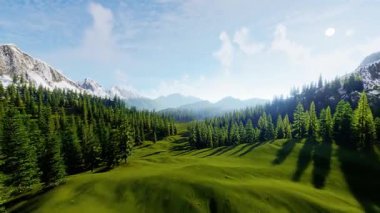 Parlak yeşil bir çayırın nefes kesici manzarası, görkemli dağlarla ve yüksek, yüksek ağaçlarla çevrili hoş bir şekilde. 3d hazırlayıcı
